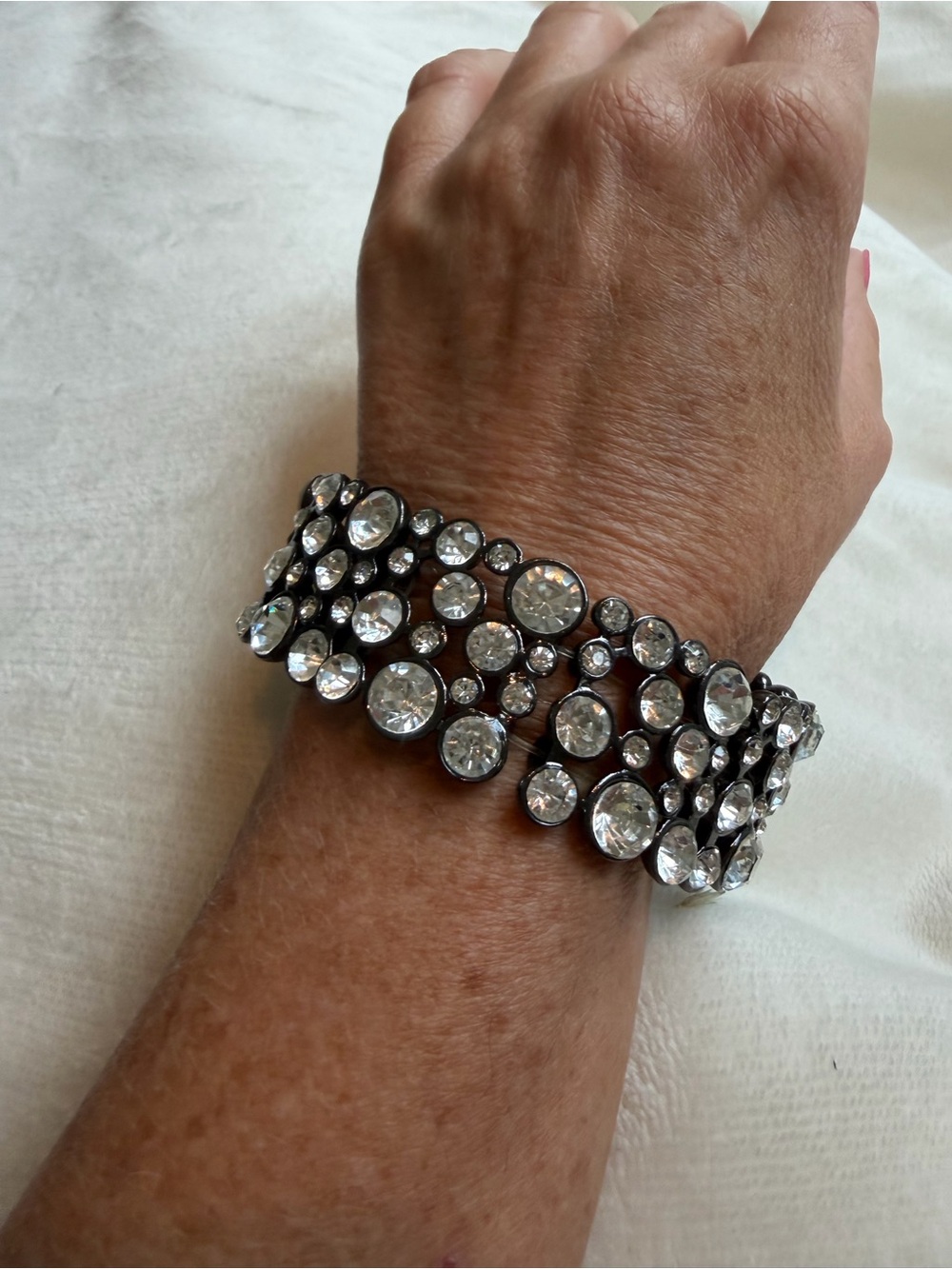 Wide Clear Rhinestone Gunmetal Stretch Statement Bracelet